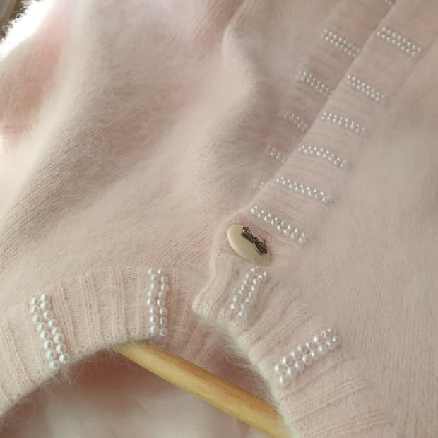 일본빈티지 뽀용핑크 진주 가디건 울 앙고라 핀터깔 히메갸루