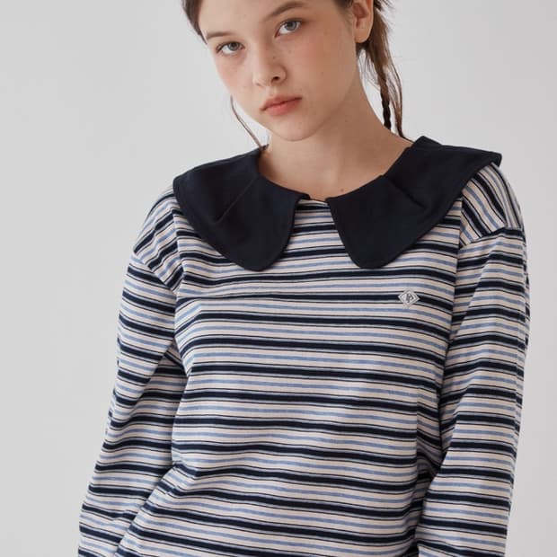 Stripe Big Collar Jersey Top / Navy