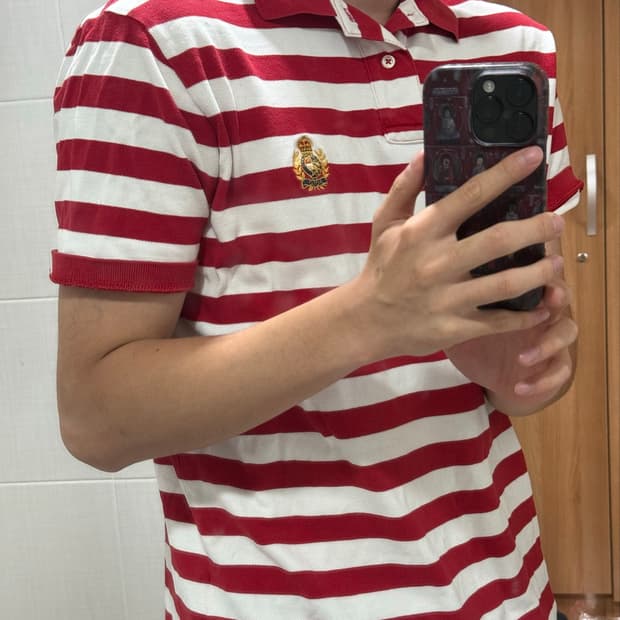 [L] 폴로 랄프로렌 레드 스트라이프 와펜 패치 카라티