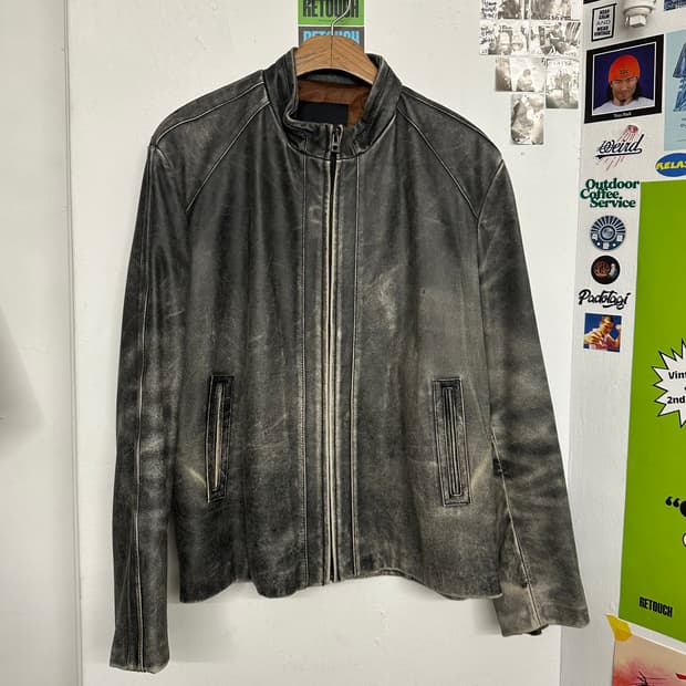 빈티지 워싱 양가죽 바이커 자켓