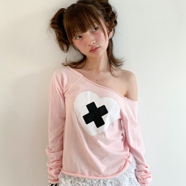 샵페어리 크로스 하트 컷오프 티셔츠 핑크