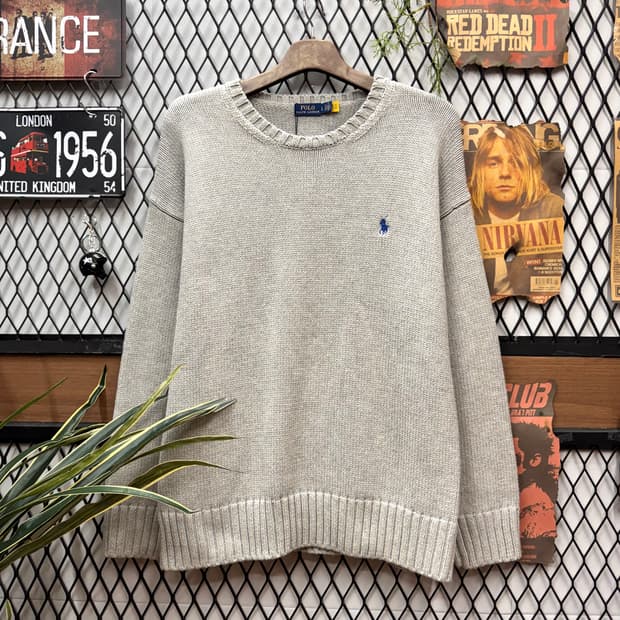 폴로 랄프로렌 니트 스웨터 블루 포니 로고 포인트 그레이