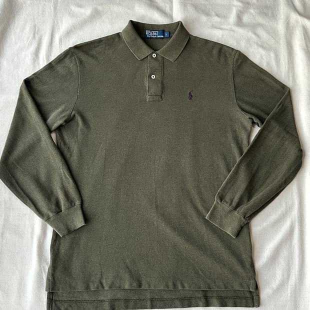 폴로 랄프로렌 올리브그린 퍼플포니 피케 긴팔 카라티 L