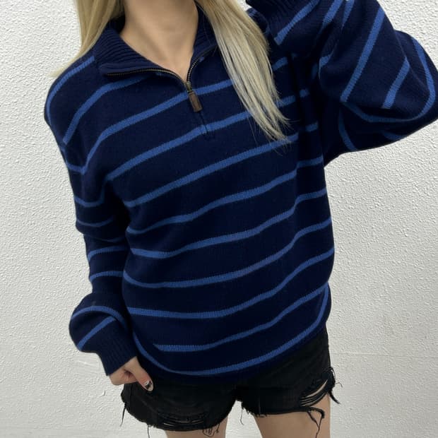 폴로 랄프로렌 블루 스트라이프 반집업 니트 XXL