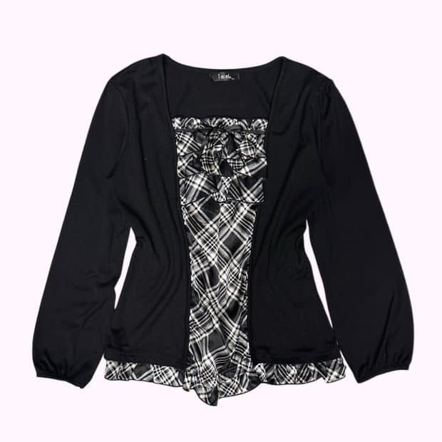 check frill ribbon blouse t-shirt