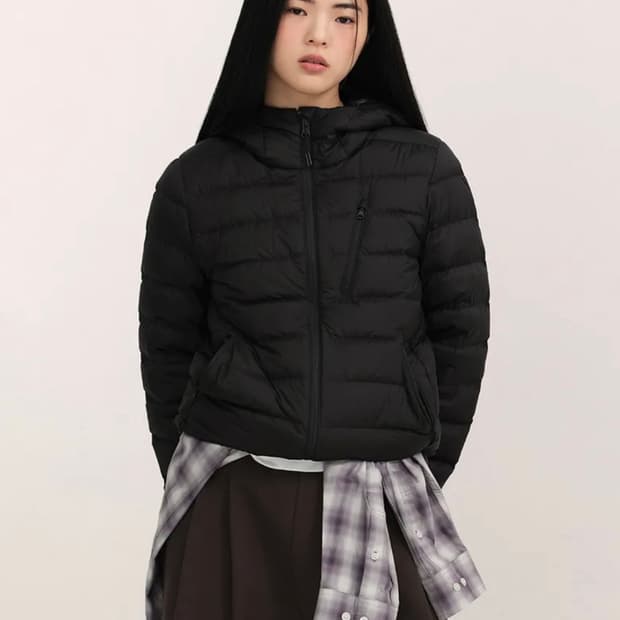 (W) 무신사 스탠다드 시티레저 후디드 라이트 다운 재킷 경량패딩 블랙