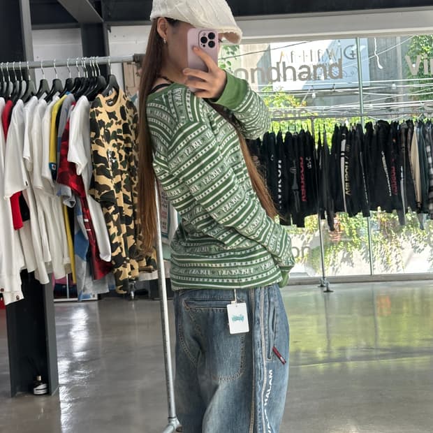 히스테릭글래머 그린 Freaky 스타 스트라이프 롱슬리브 긴팔