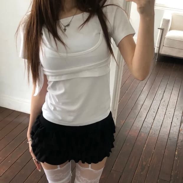 슬립오버 레이어드 반팔 브라렛 크롭 티셔츠 원희 손민수 에이블리 지그재그