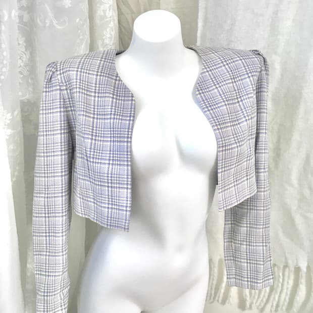 연보라 체크 크롭 블레이저 자켓