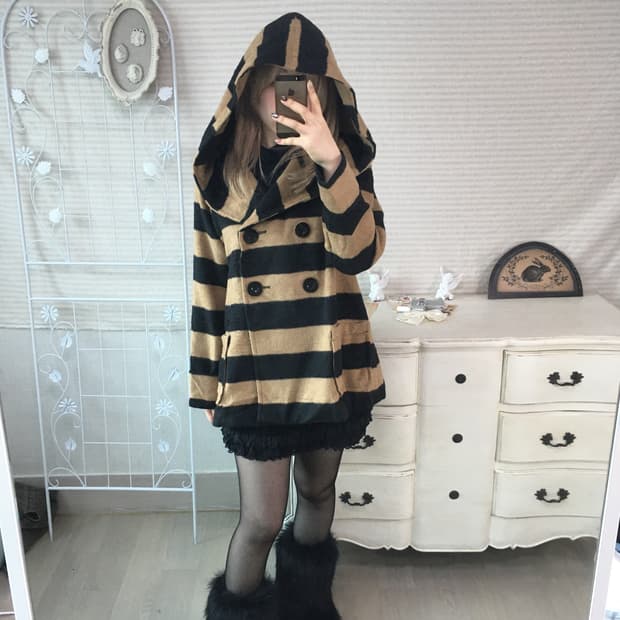 일본빈티지 카멜블랙 스트라이프 후드 코트