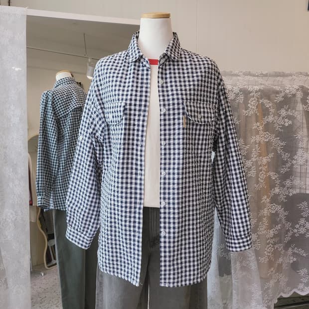 Sun3san 시어서커 네이비체크 셔츠