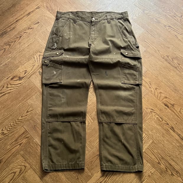 [38]칼하트 USA 페인팅 모스그린 립스탑 더블니 워크 카고 팬츠