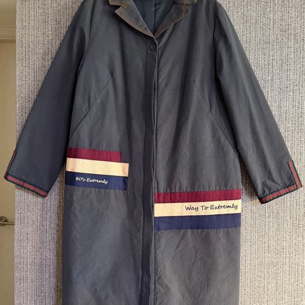 유니크 패치 디자인 빈티지 네이비 롱자켓 패딩 코트 솜 충전재 L사이즈