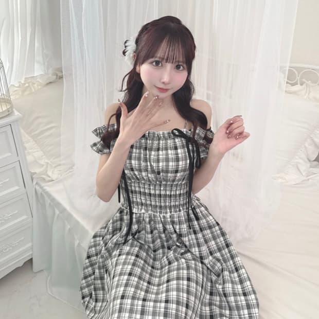 oneway 원웨이 일브 2way 어깨 리본 미니 원피스 블랙 체크