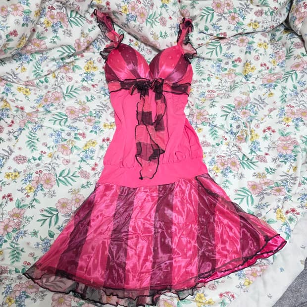 일본빈티지)마즈깔 블랙x핑크 오네갸루st 헤이세이 바비 도트 레이스원피스