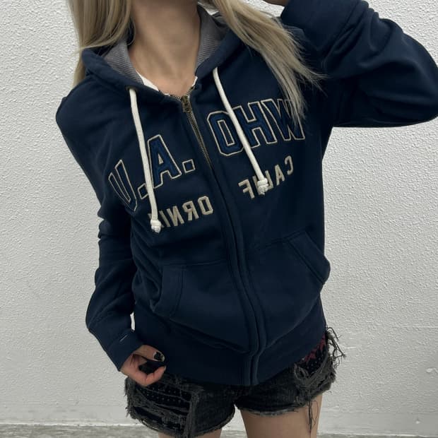 후아유 센터로고 네이비 후드집업 S