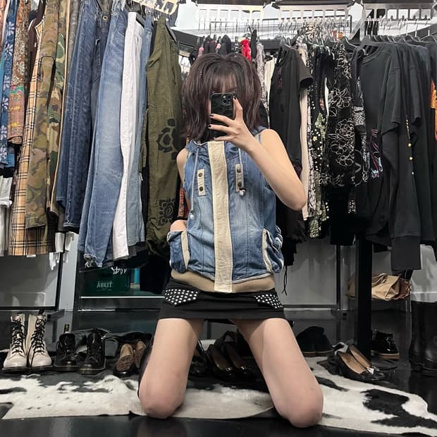 데님 후드 베스트