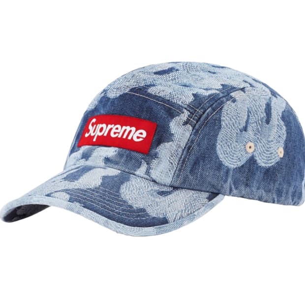 슈프림 플레임 자카드 데님 캠프캡 워시드 인디고 캡