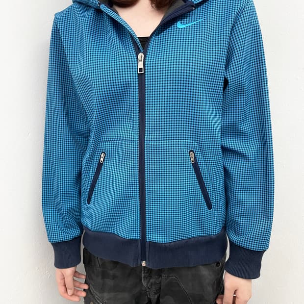 나이키 블루 체크 후드 자켓 