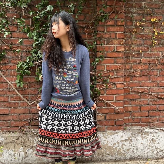 히피패턴 패치 니트 캉캉 스커트