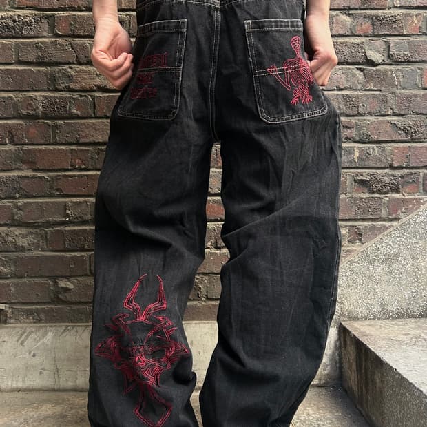 2000s 자수 디테일 와이드 힙합 데님팬츠 