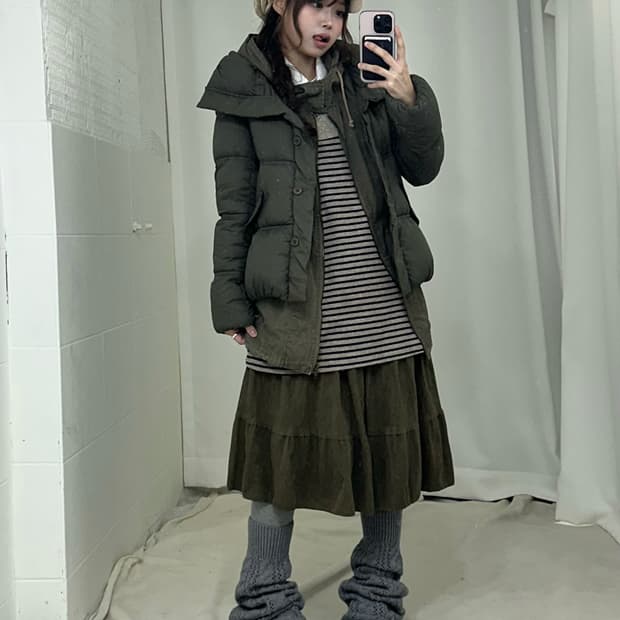 데닝리 카키 하구미 패딩 야상 코디세트