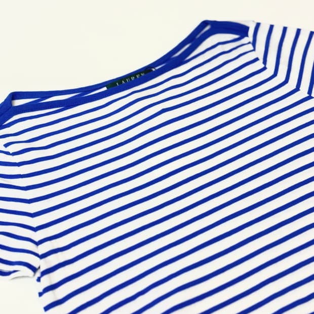 Ralph Lauren 블루 스트라이프 사이드 루칭 반소매 티셔츠