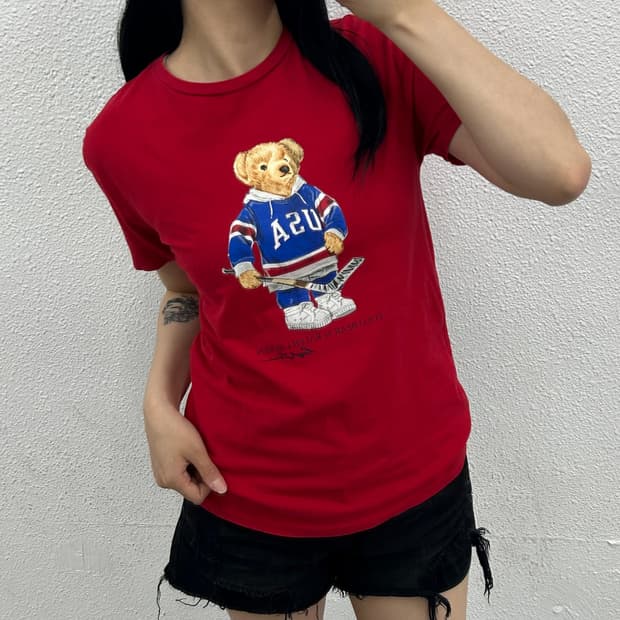 폴로 랄프로렌 베어 프린팅 레드 반팔 XS