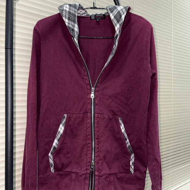 Michel Klein 버건디 체크배색 후드 집업