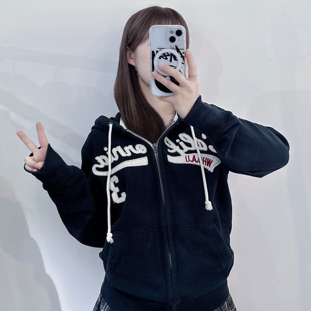 후아유 블랙 빅로고 후드집업