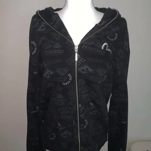 빈티지 에비수 블랙 로고 패턴 후드 집업