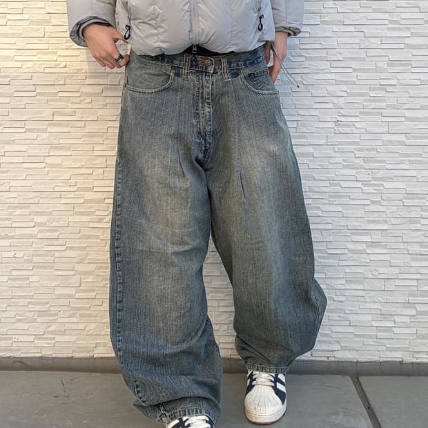 90s EDDIE DOMANI JEANS 올드스쿨 진청 자수 오버 반츠