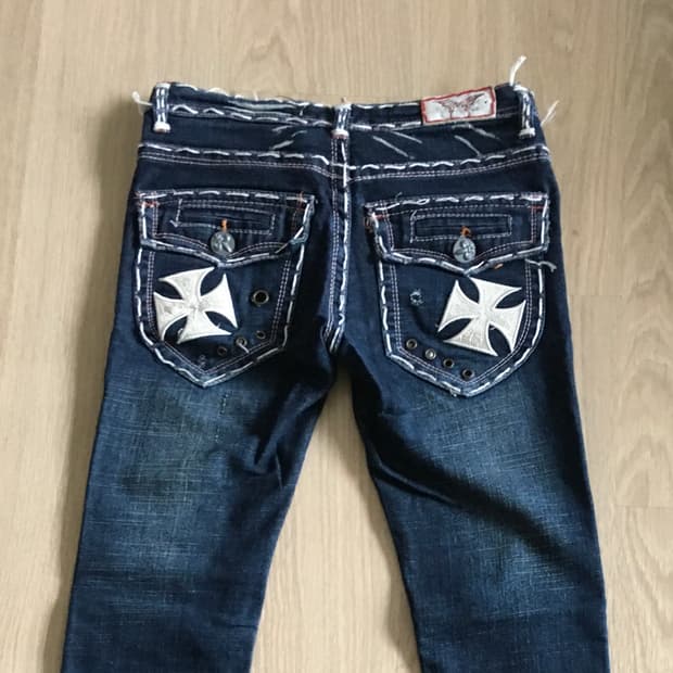 라구나 비치진 pink&white y2k 스티치 빈티지 십자가 데님 팬츠