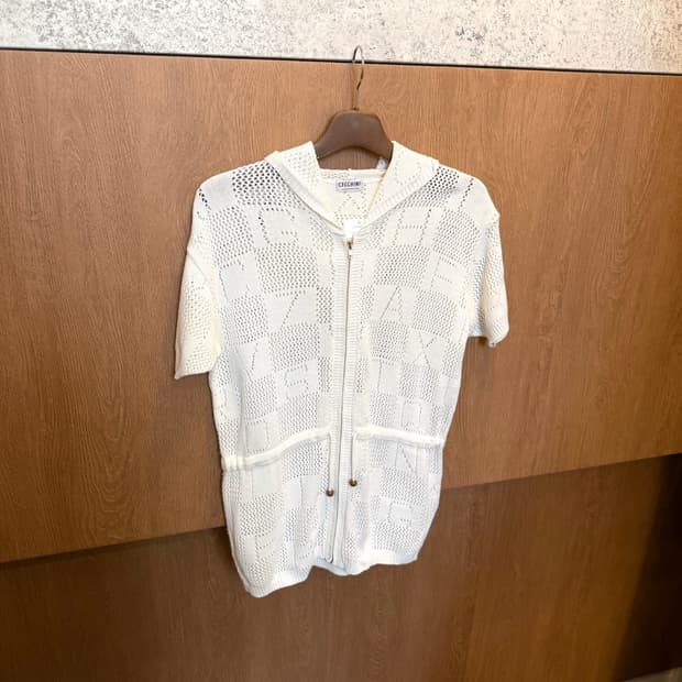 빈티지 반팔 니트 후드 집업 메쉬 레터링 드로우 스트링 디테일 화이트