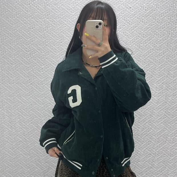 골라 빈티지 코듀로이 딥그린 바시티자켓 M C07582