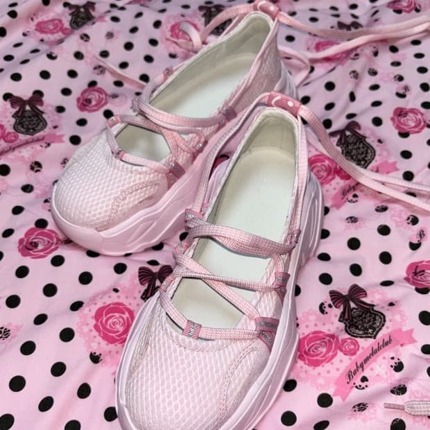 핑크 레이스업 통굽 스니커즈 로리타 히메갸루