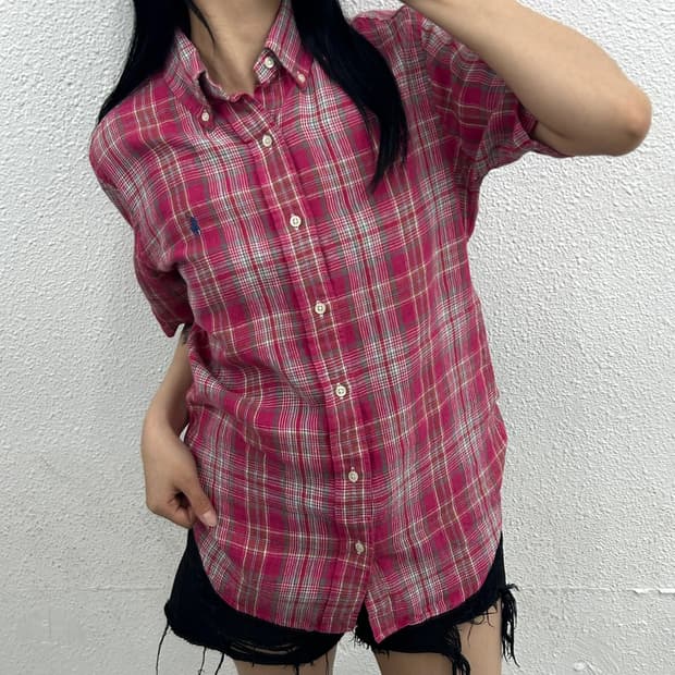 폴로 랄프로렌 네이비포니 핑크체크 셔츠 S