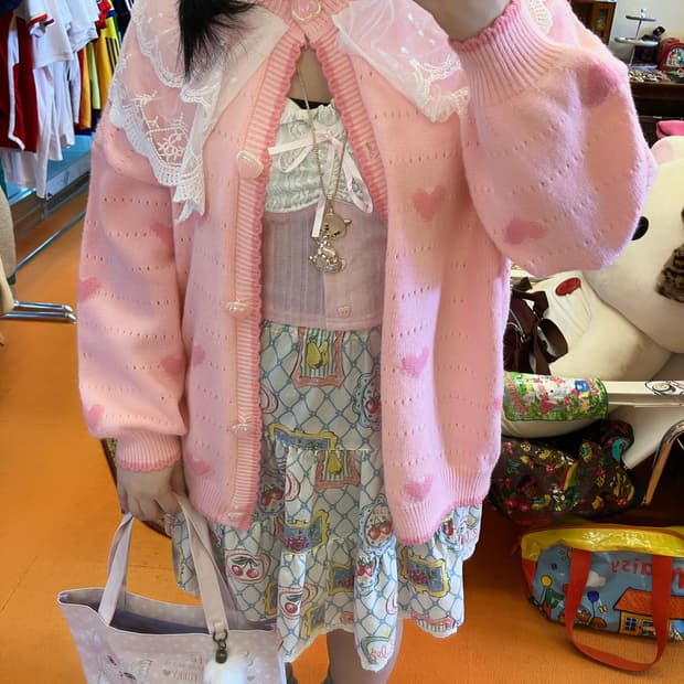 빈티지 딸기 쇼트 케이크 하트 가디건