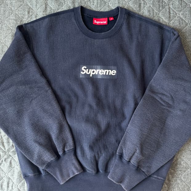 (S)슈프림 워시드 박스로고 크루넥 네이비