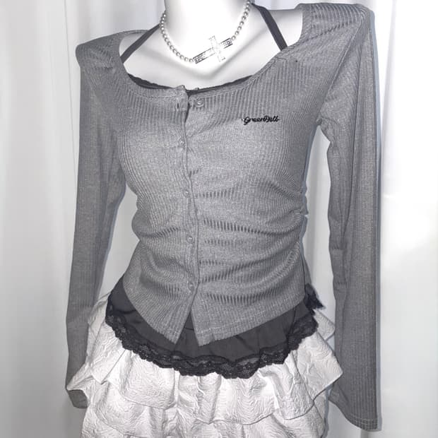 [hina lace T] 레이스 레이어드 홀터넥 긴팔 티셔츠 블라우스