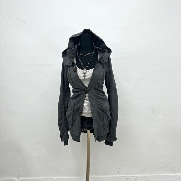 Hood layered shirring long jacket