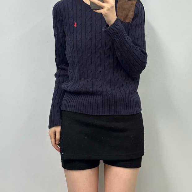 폴로 랄프로렌 가죽패치 네이비 꽈배기 니트