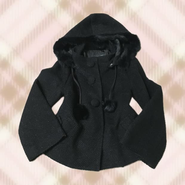 블랙 후드 퍼 폼폼이 숏 코트 라떼 히메 오네 갸루 러블리 로걀 빈티지