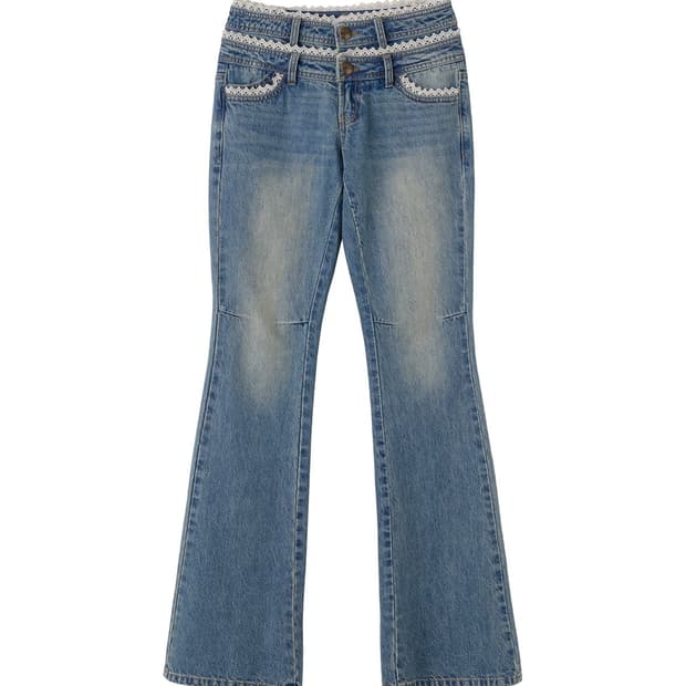 스컬프터 더블 웨이스트 부츠컷 데님 미드 블루 xs