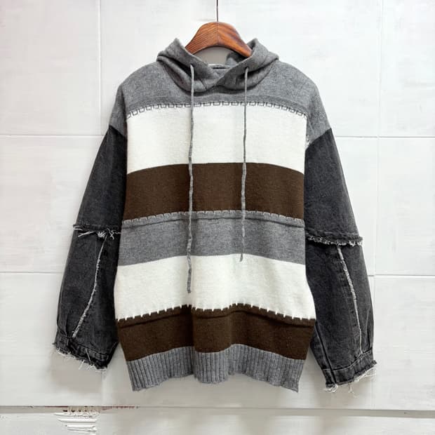 스트라이프 데님 소매 후드 니트 