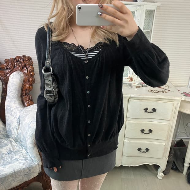 Set) 블랙 프릴 가디건 + 스트라이프 레이스 나시