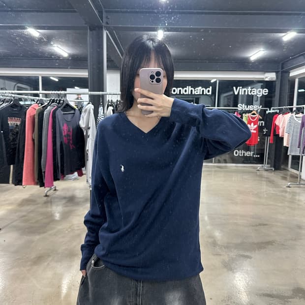 폴로 랄프로렌 네이비 얇은 브이넥 긴팔 니트