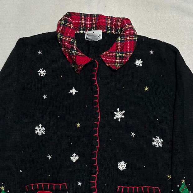 L VTG 크리스마스 자수 블랙 가디건