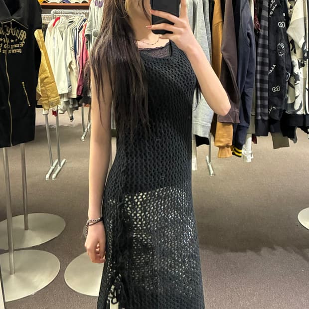 OS)Japanese vintage 여성 블랙 크로셰 나시 니트 원피스 