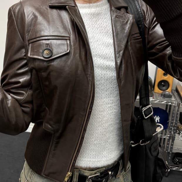 올드 빈티지 브라운 레더 바이커 자켓